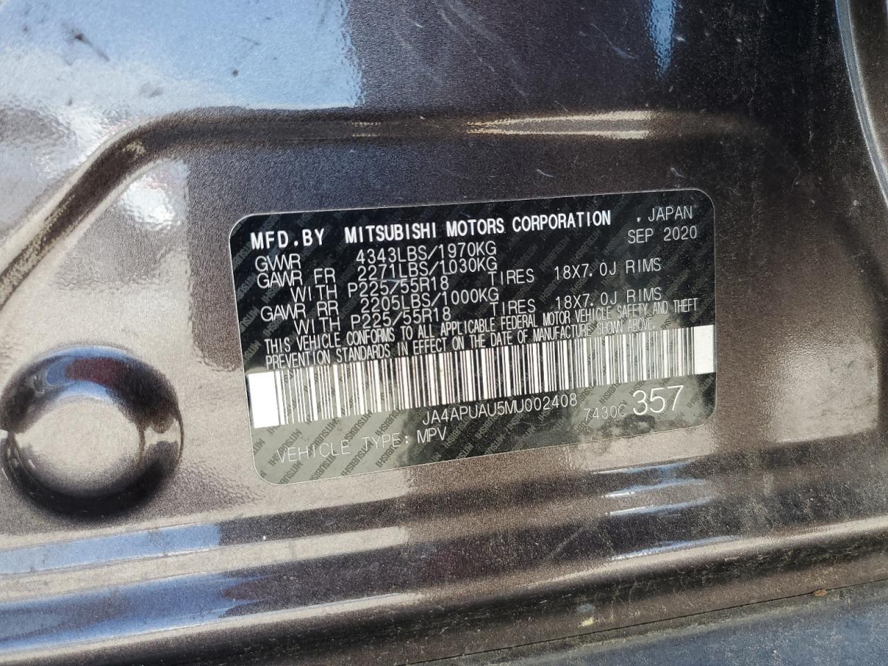 2021 Mitsubishi Outlander Sport Es VIN: JA4APUAU5MU002408 Lot: 67021965