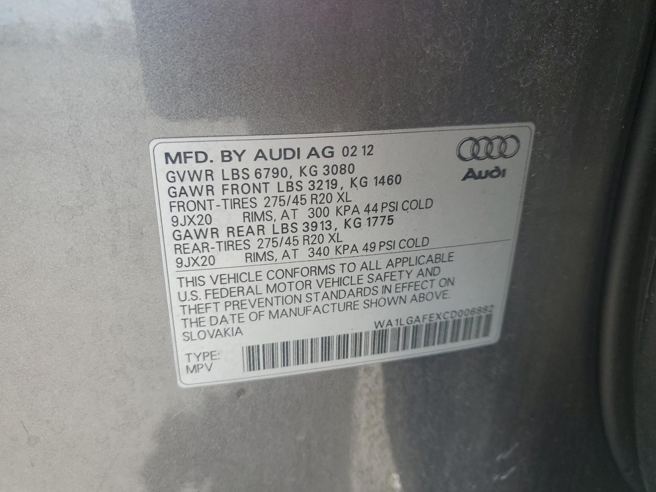 2012 Audi Q7 Premium Plus VIN: WA1LGAFEXCD006882 Lot: 66307325