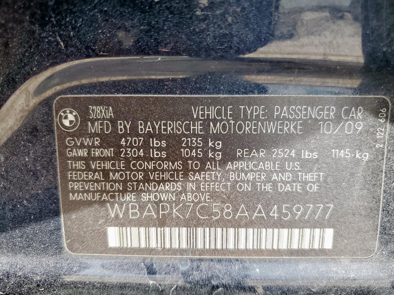 2010 BMW 328 Xi VIN: WBAPK7C58AA459777 Lot: 64643545