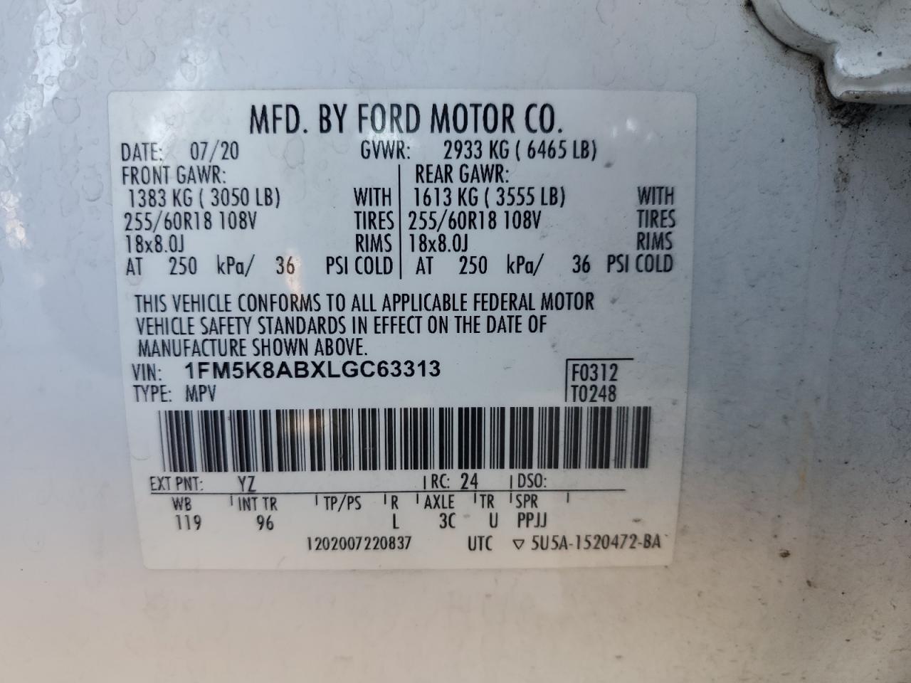 2020 Ford Explorer Police Interceptor VIN: 1FM5K8ABXLGC63313 Lot: 61629995