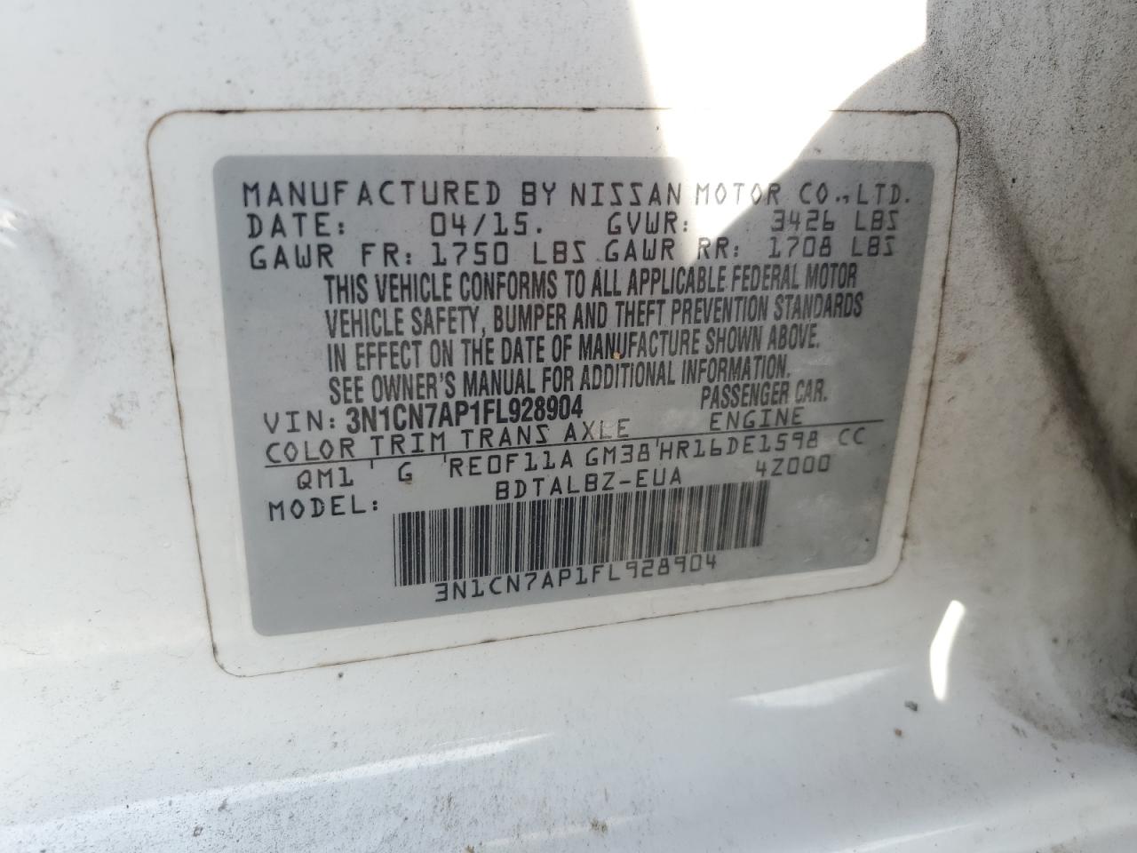 2015 Nissan Versa S VIN: 3N1CN7AP1FL928904 Lot: 62892305