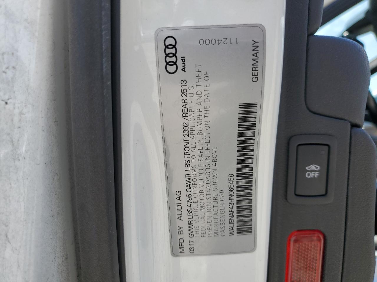 2017 Audi A4 Premium Plus VIN: WAUENAF43HN065458 Lot: 64438095