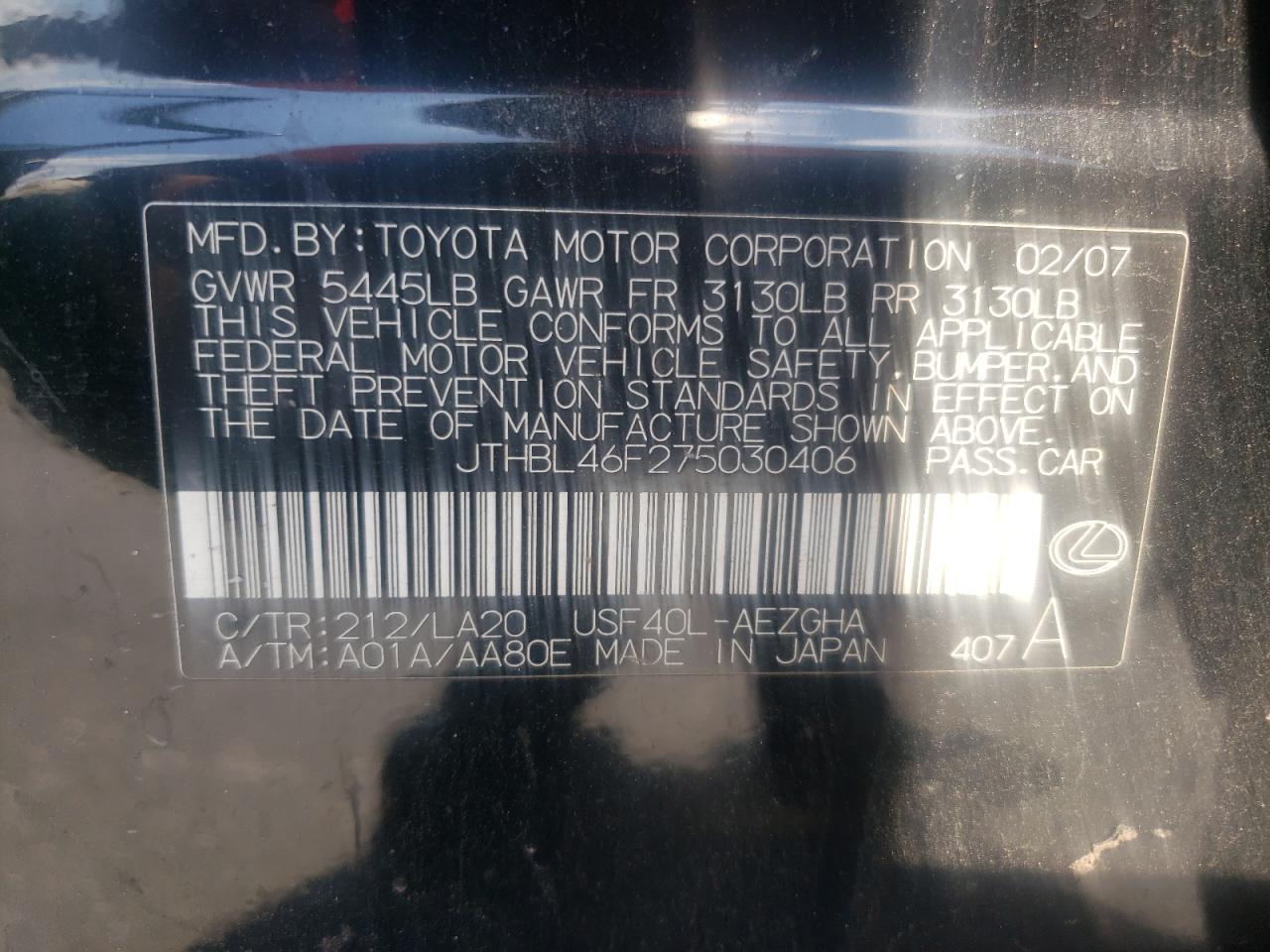 2007 Lexus Ls 460 VIN: JTHBL46F275030406 Lot: 63161775