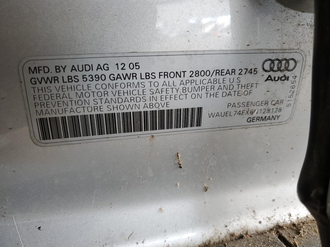 2006 Audi A6 S-Line 4.2 Quattro VIN: WAUEL74FX6N128128 Lot: 65732405