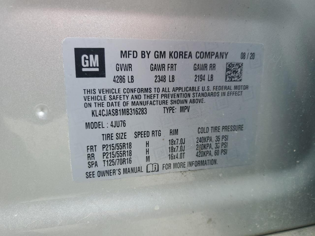 2021 Buick Encore Preferred VIN: KL4CJASB1MB316283 Lot: 63752825