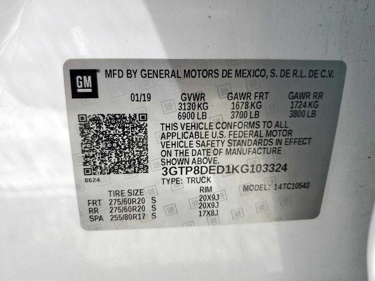 2019 GMC Sierra C1500 Slt VIN: 3GTP8DED1KG103324 Lot: 63299775
