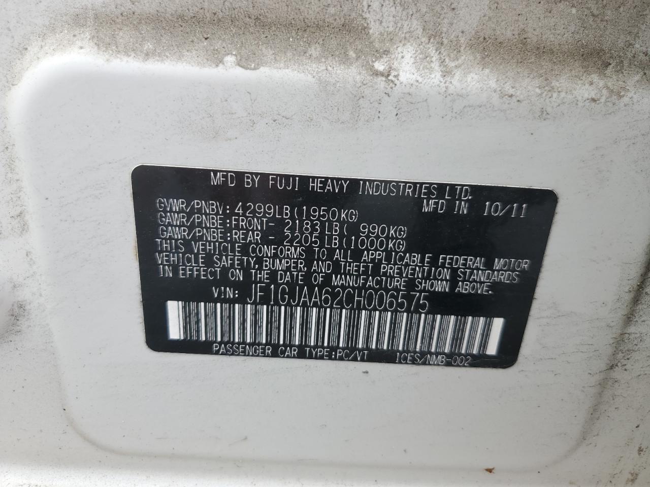 2012 Subaru Impreza VIN: JF1GJAA62CH006575 Lot: 62747635