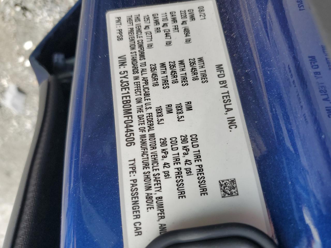 2021 Tesla Model 3 VIN: 5YJ3E1EB0MF044506 Lot: 66200825