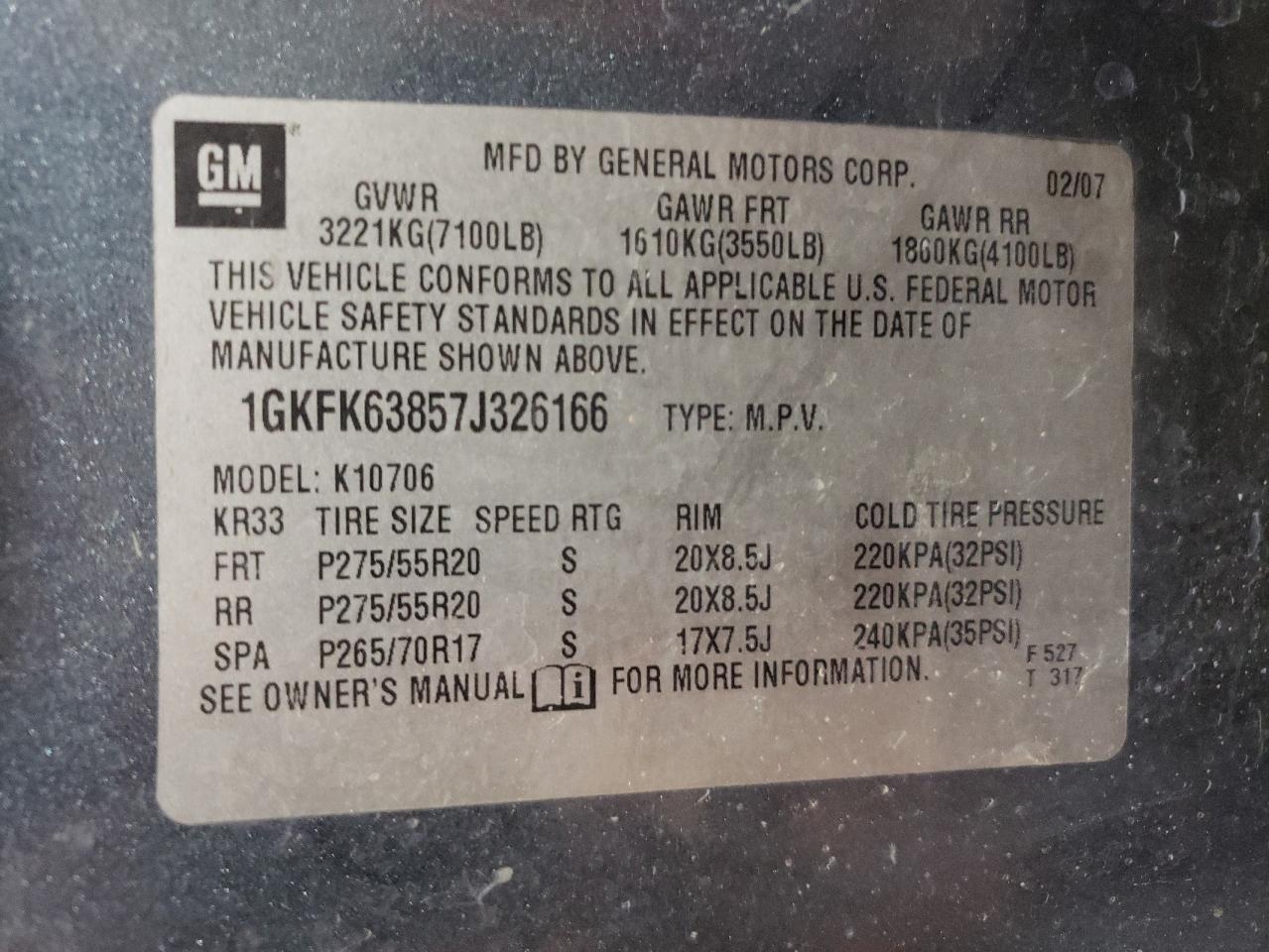 2007 GMC Yukon Denali VIN: 1GKFK63857J326166 Lot: 63643245