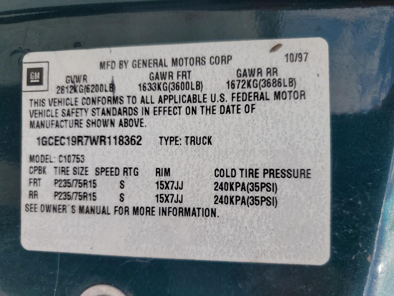 1998 Chevrolet Gmt-400 C1500 VIN: 1GCEC19R7WR118362 Lot: 63332785