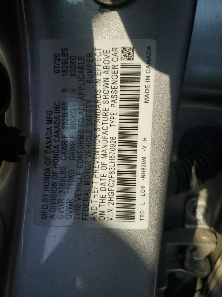 2020 Honda Civic Sport VIN: 2HGFC2F83LH570926 Lot: 63297205