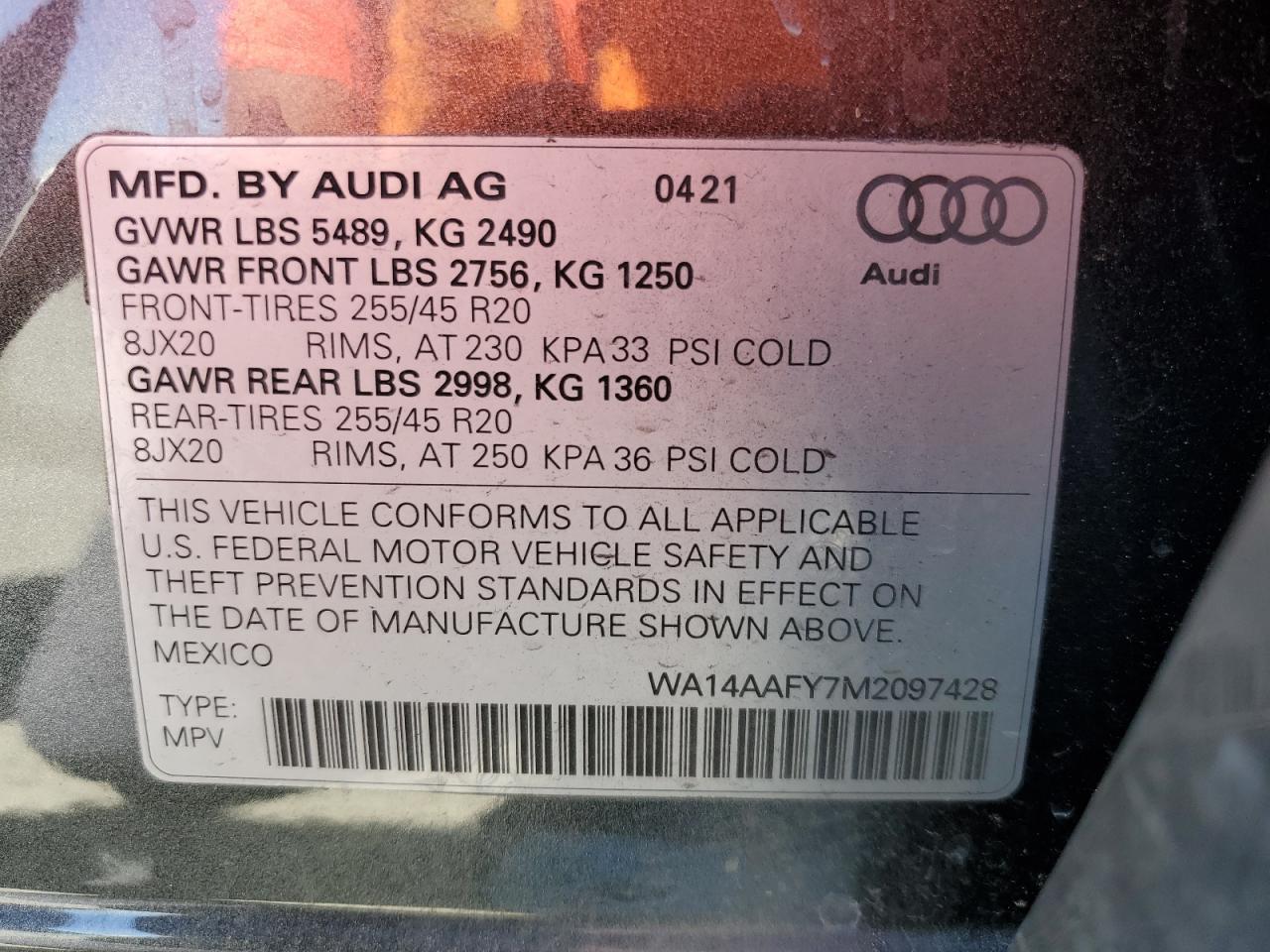 2021 Audi Q5 Sportback Premium VIN: WA14AAFY7M2097428 Lot: 84073685