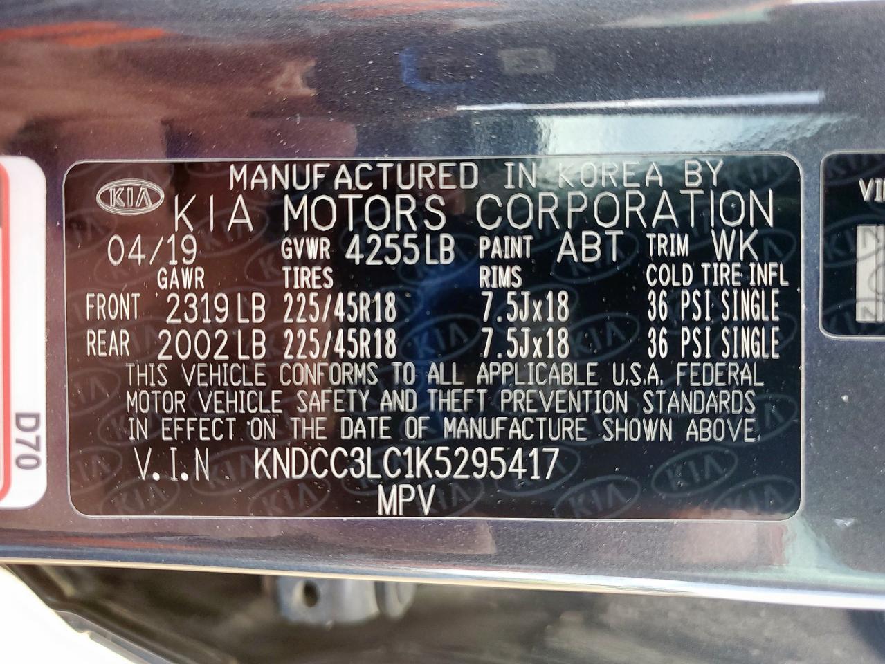 2019 Kia Niro Ex VIN: KNDCC3LC1K5295417 Lot: 63989445