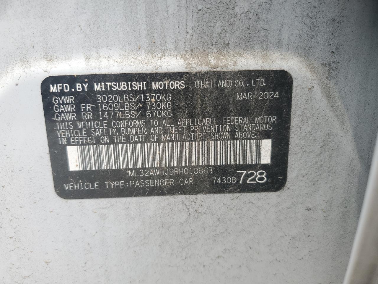 2024 Mitsubishi Mirage Se VIN: ML32AWHJ9RH010663 Lot: 66095065