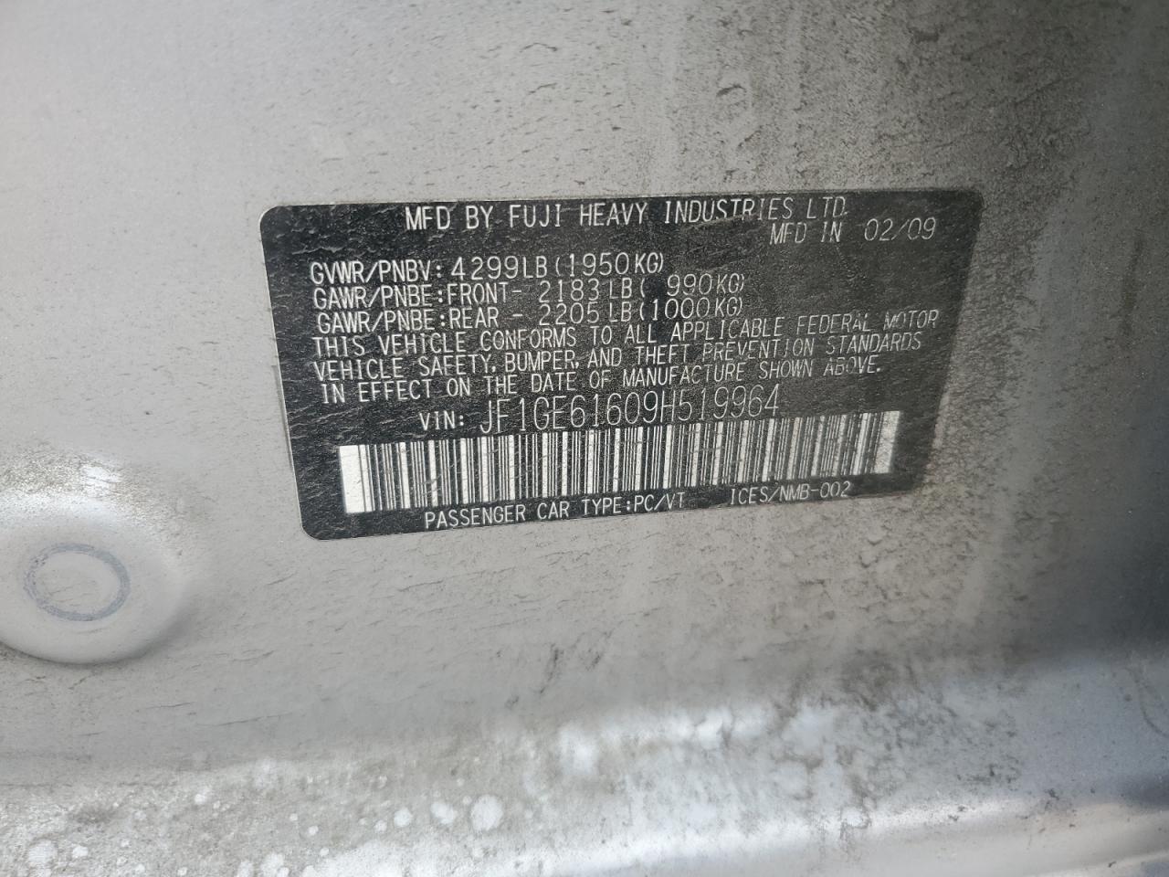 2009 Subaru Impreza 2.5I VIN: JF1GE61609H519964 Lot: 64696945