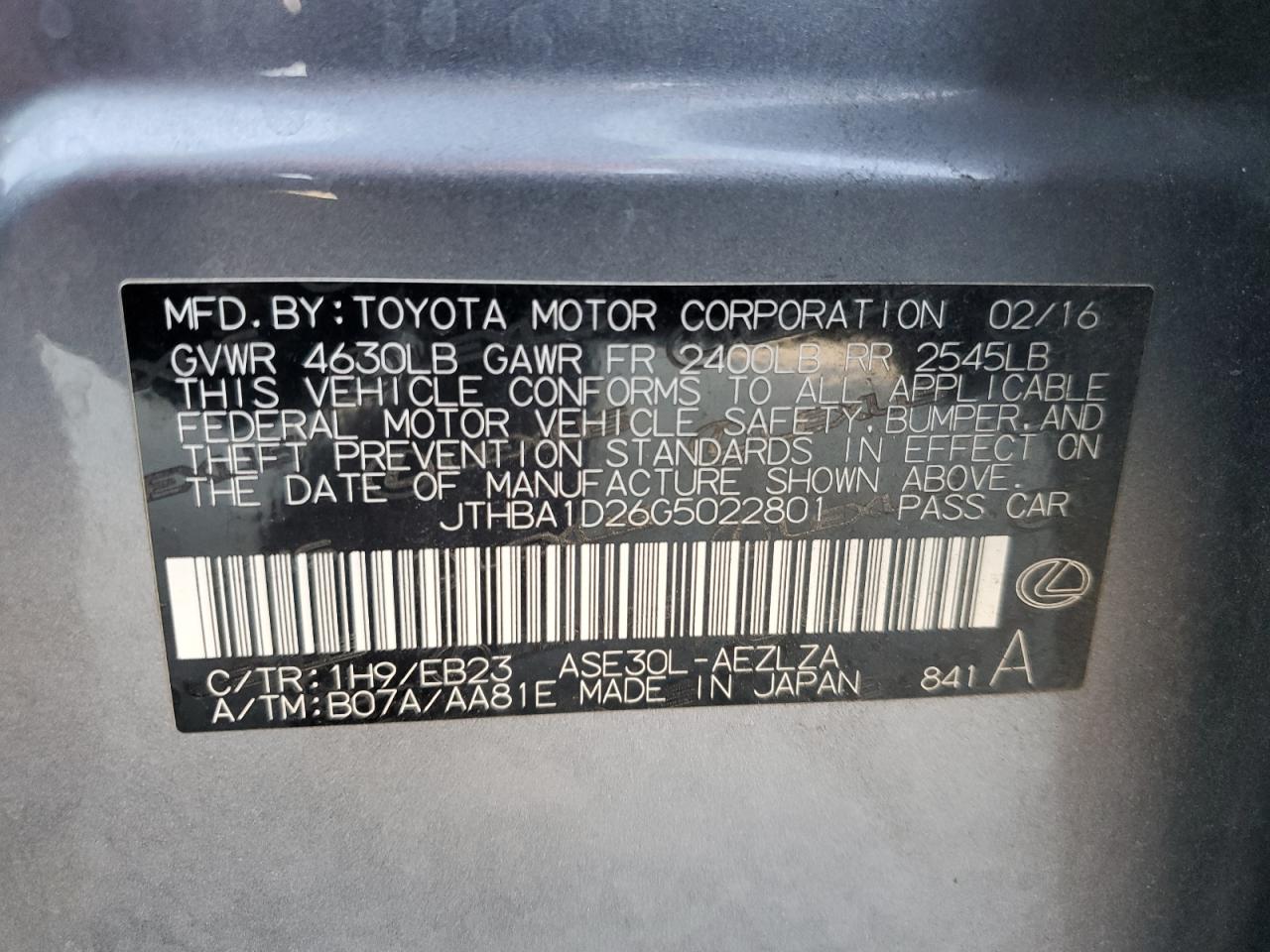 2016 Lexus Is 200T VIN: JTHBA1D26G5022801 Lot: 64825015