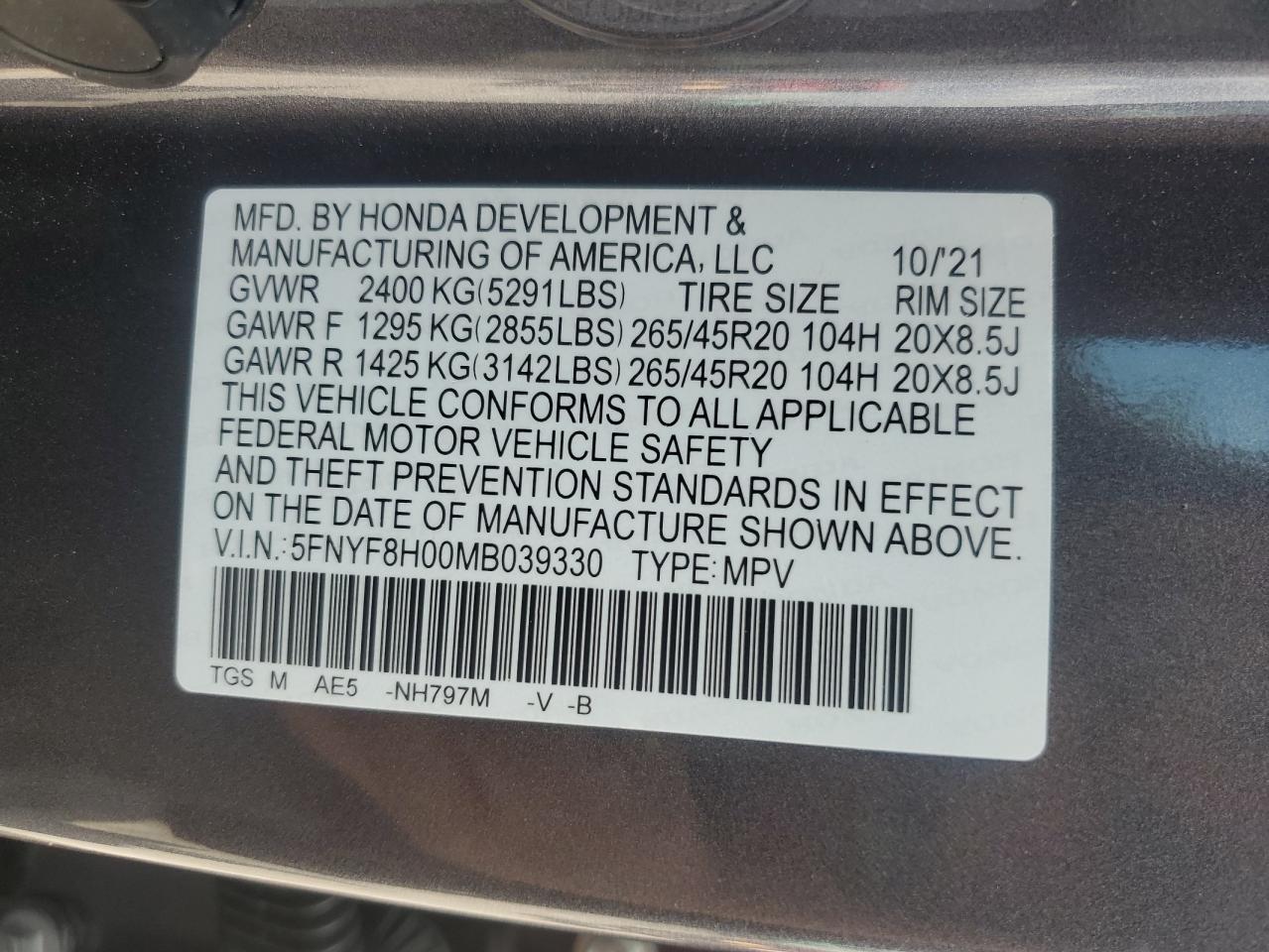 2021 Honda Passport Elite VIN: 5FNYF8H00MB039330 Lot: 64429825