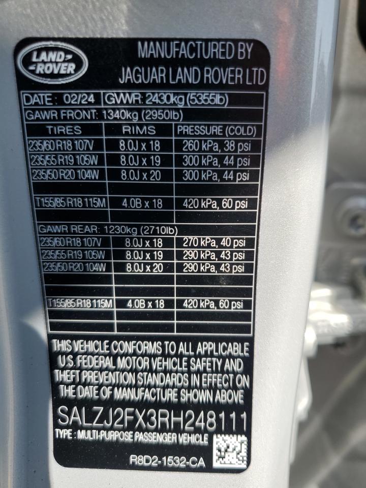 2024 Land Rover Range Rover Evoque S VIN: SALZJ2FX3RH248111 Lot: 64307825