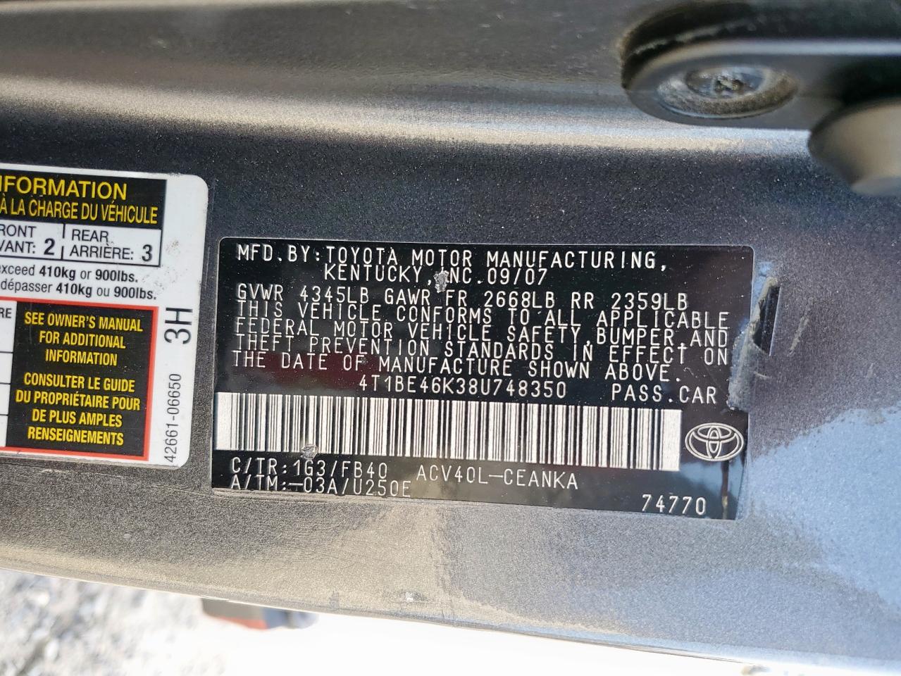 2008 Toyota Camry Ce VIN: 4T1BE46K38U748350 Lot: 65141655