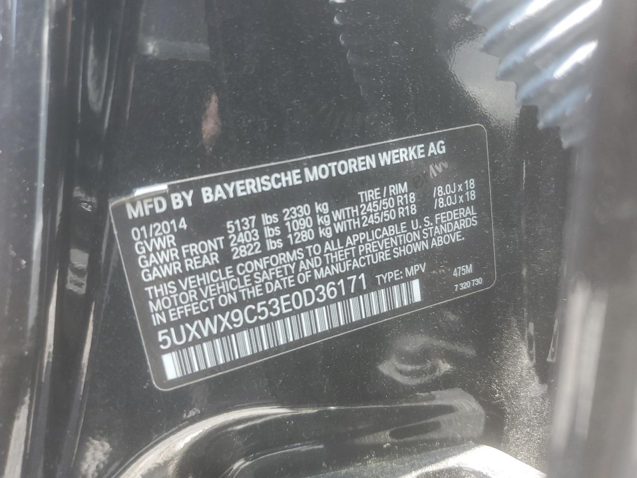 2014 BMW X3 xDrive28I VIN: 5UXWX9C53E0D36171 Lot: 63194125