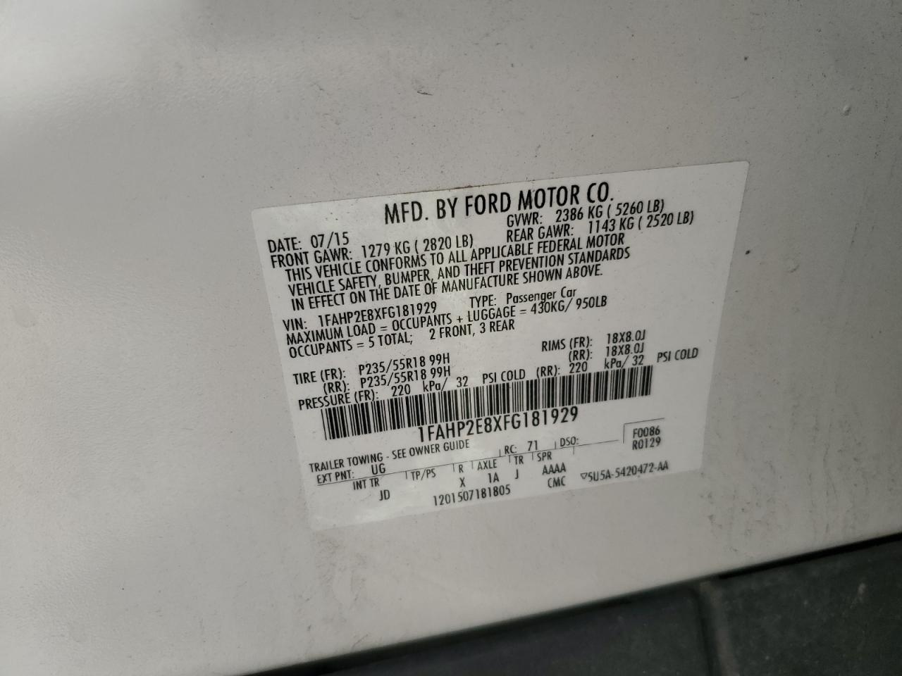 2015 Ford Taurus Sel VIN: 1FAHP2E8XFG181929 Lot: 64022325