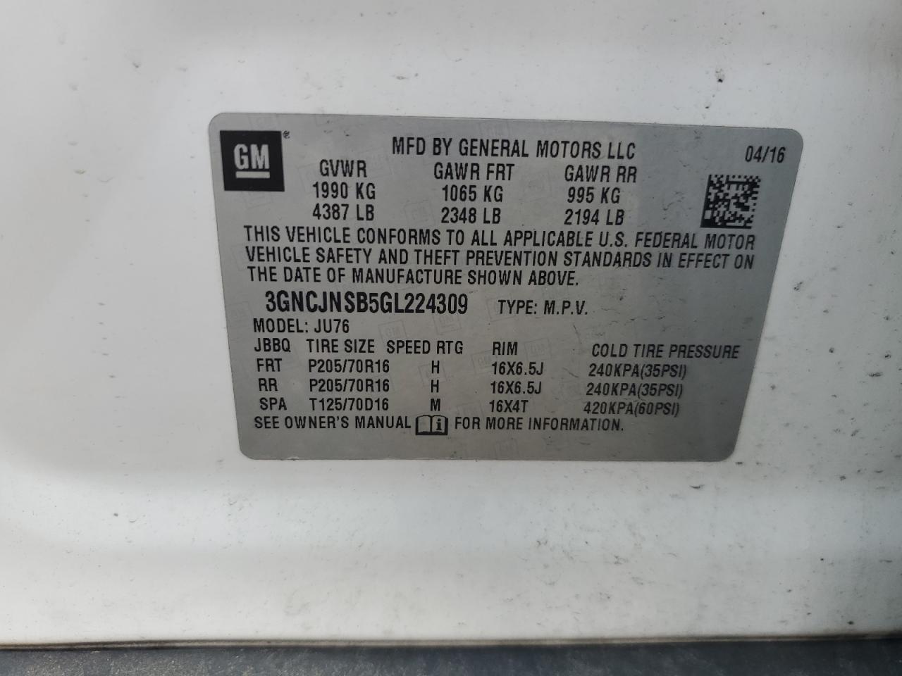 3GNCJNSB5GL224309 CHEVROLET TRAX 2016