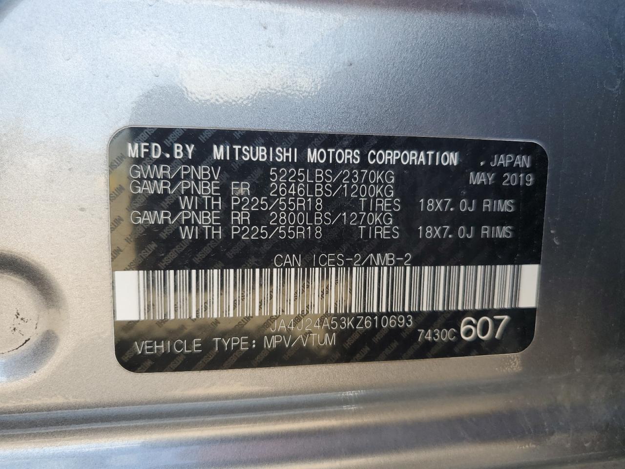 2019 Mitsubishi Outlander Sel VIN: JA4J24A53KZ610693 Lot: 63742795