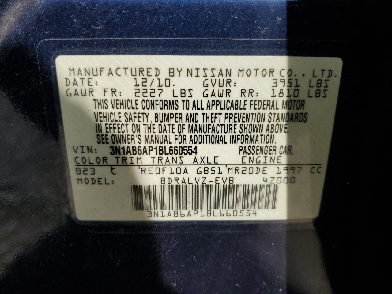 2011 Nissan Sentra 2.0 VIN: 3N1AB6AP1BL660554 Lot: 63238895