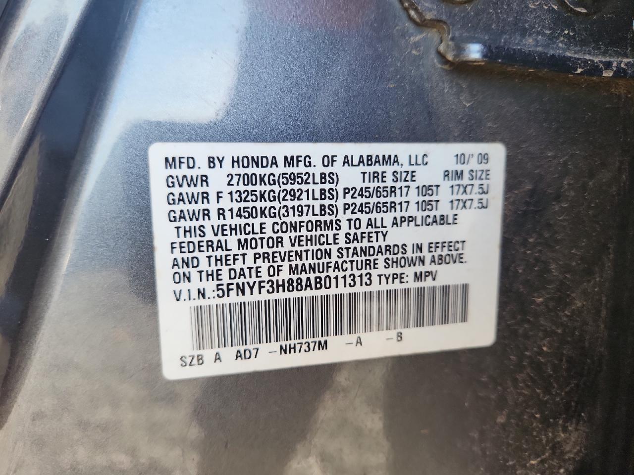 2010 Honda Pilot Touring VIN: 5FNYF3H88AB011313 Lot: 65342235