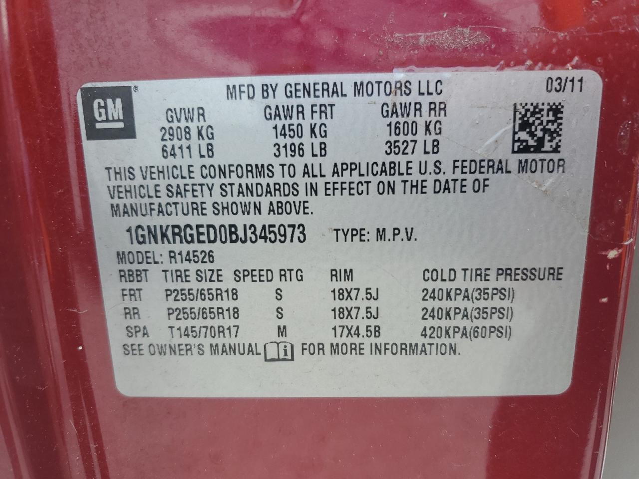 2011 Chevrolet Traverse Lt VIN: 1GNKRGED0BJ345973 Lot: 64312645