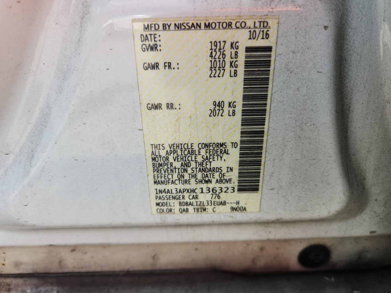 2017 Nissan Altima 2.5 VIN: 1N4AL3APXHC136323 Lot: 65346755