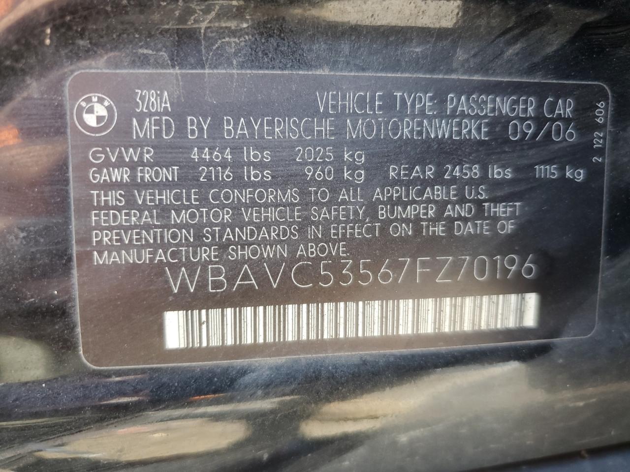 2007 BMW 328 I Sulev VIN: WBAVC53567FZ70196 Lot: 63136915
