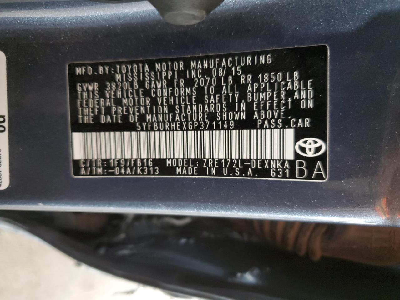 2016 Toyota Corolla L VIN: 5YFBURHEXGP371149 Lot: 63425255