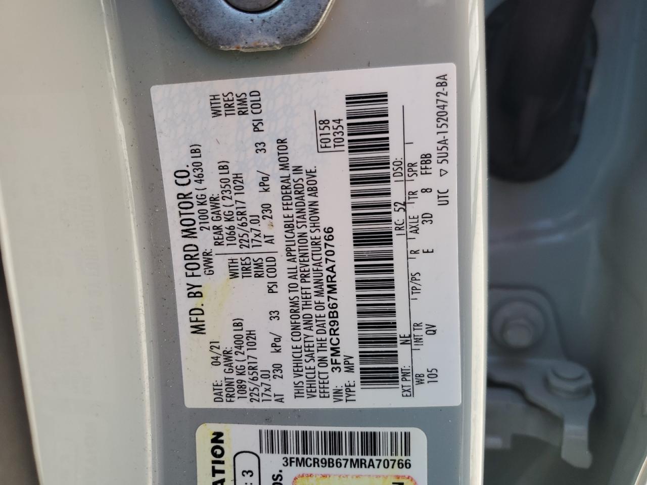 2021 Ford Bronco Sport Big Bend VIN: 3FMCR9B67MRA70766 Lot: 64063305