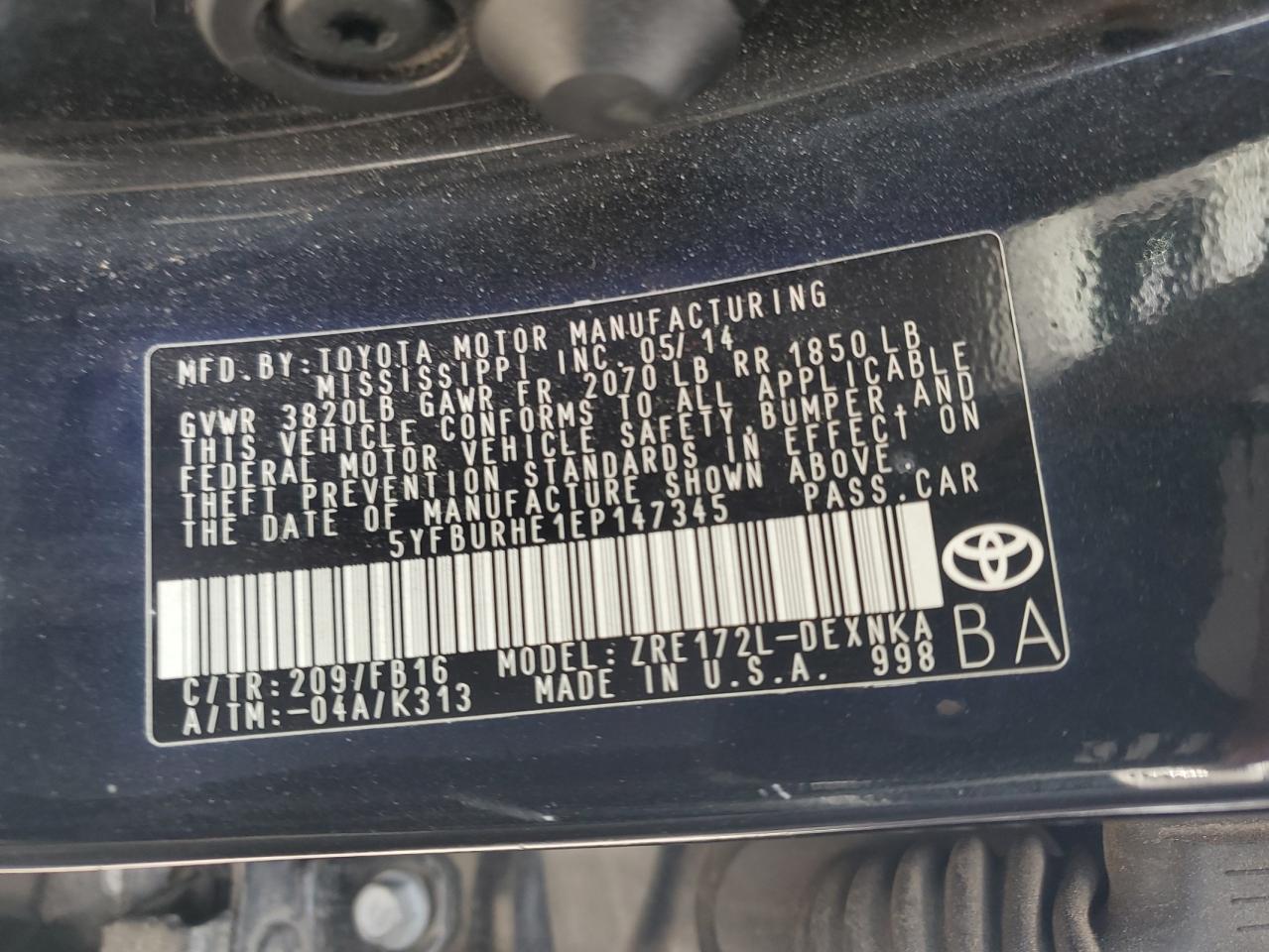 2014 Toyota Corolla L VIN: 5YFBURHE1EP147345 Lot: 64779215