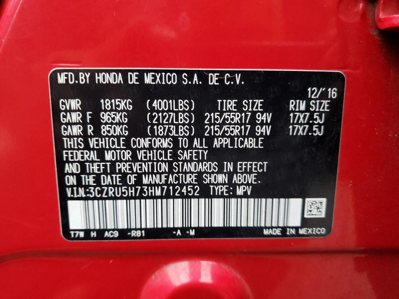 3CZRU5H73HM712452 HONDA HR-V 2017