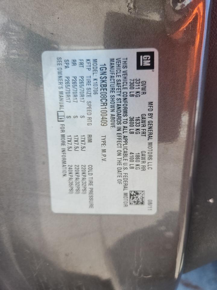 2012 Chevrolet Tahoe K1500 Lt VIN: 1GNSKBE08CR100409 Lot: 65739515