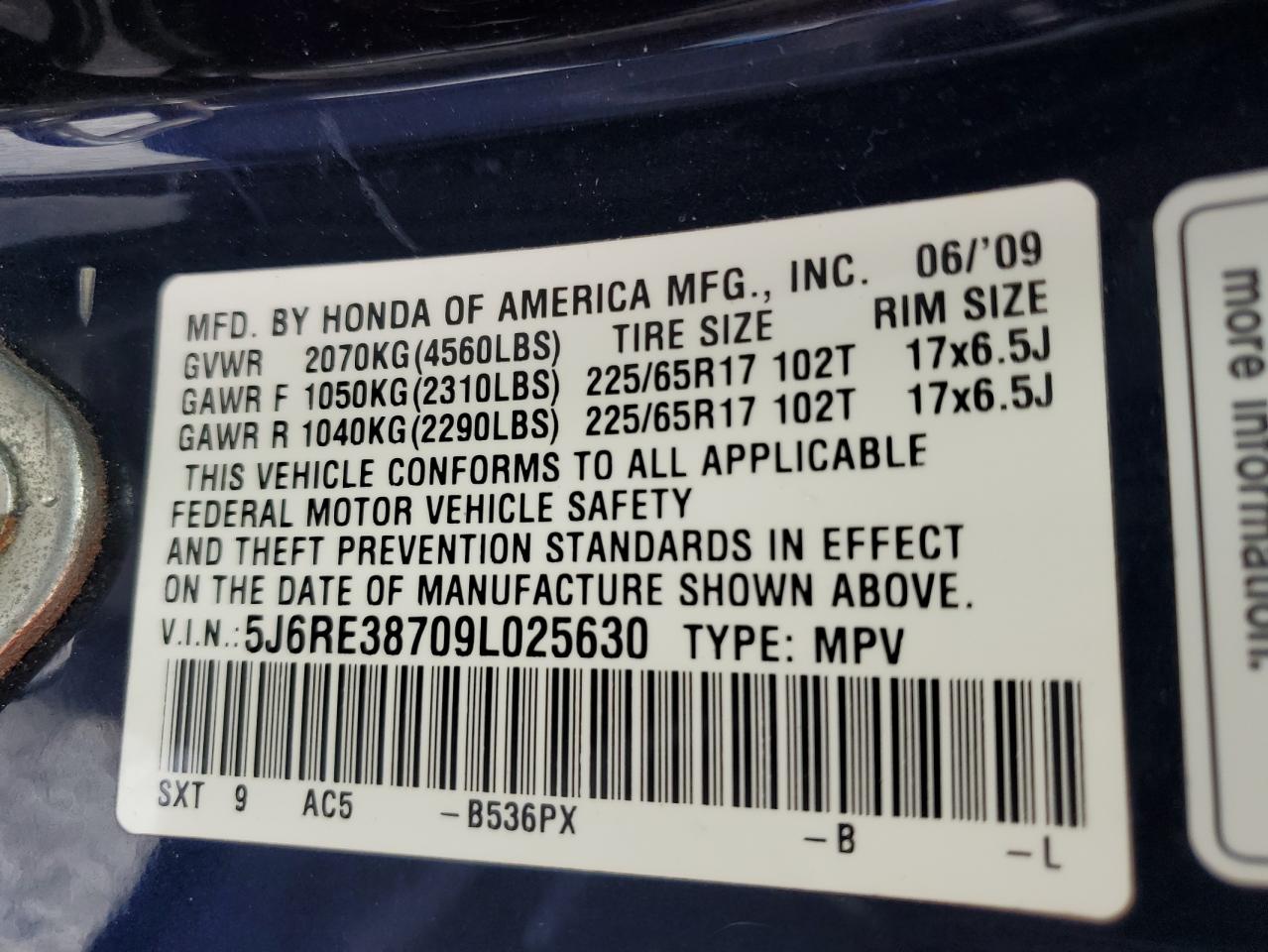 2009 Honda Cr-V Exl VIN: 5J6RE38709L025630 Lot: 64957655