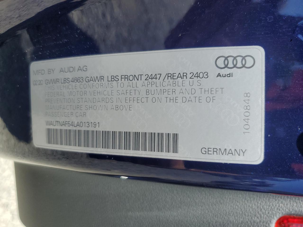 2020 Audi A5 Premium Plus VIN: WAUTNAF54LA013191 Lot: 64658265