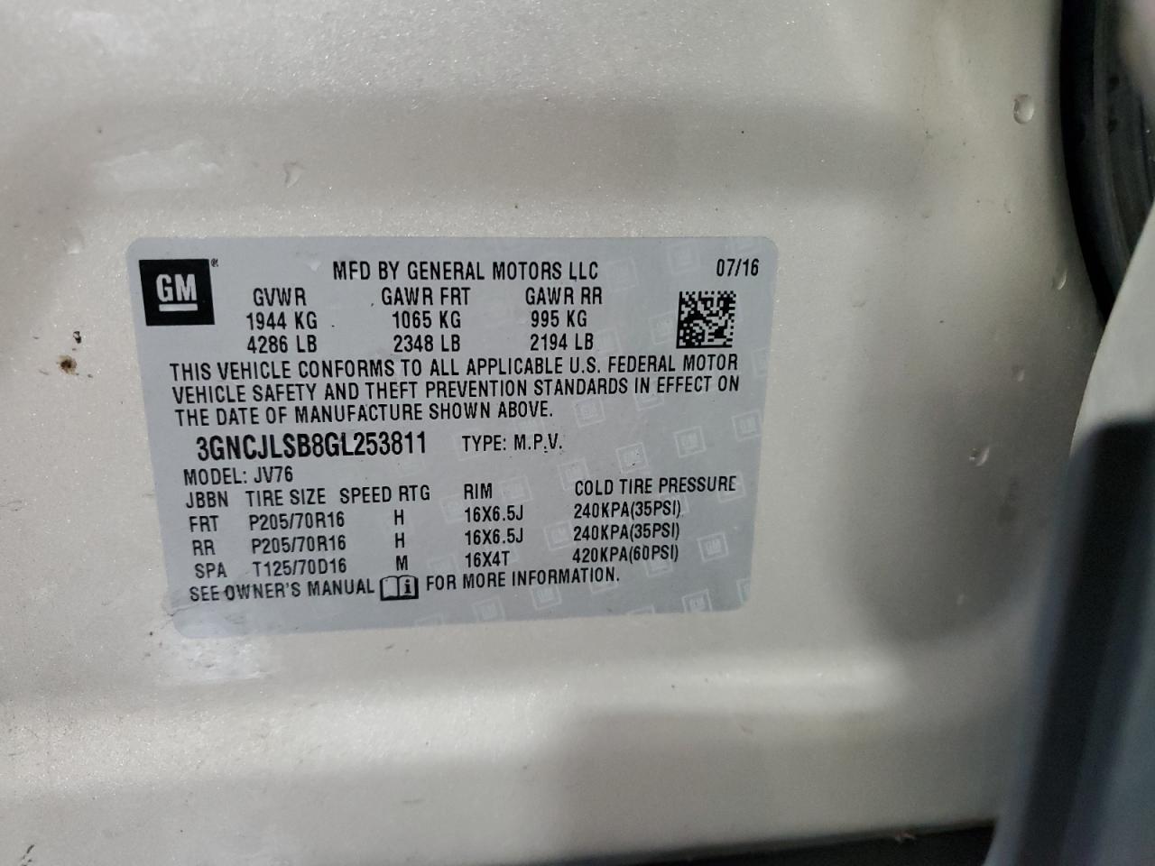 2016 Chevrolet Trax 1Lt VIN: 3GNCJLSB8GL253811 Lot: 63785655