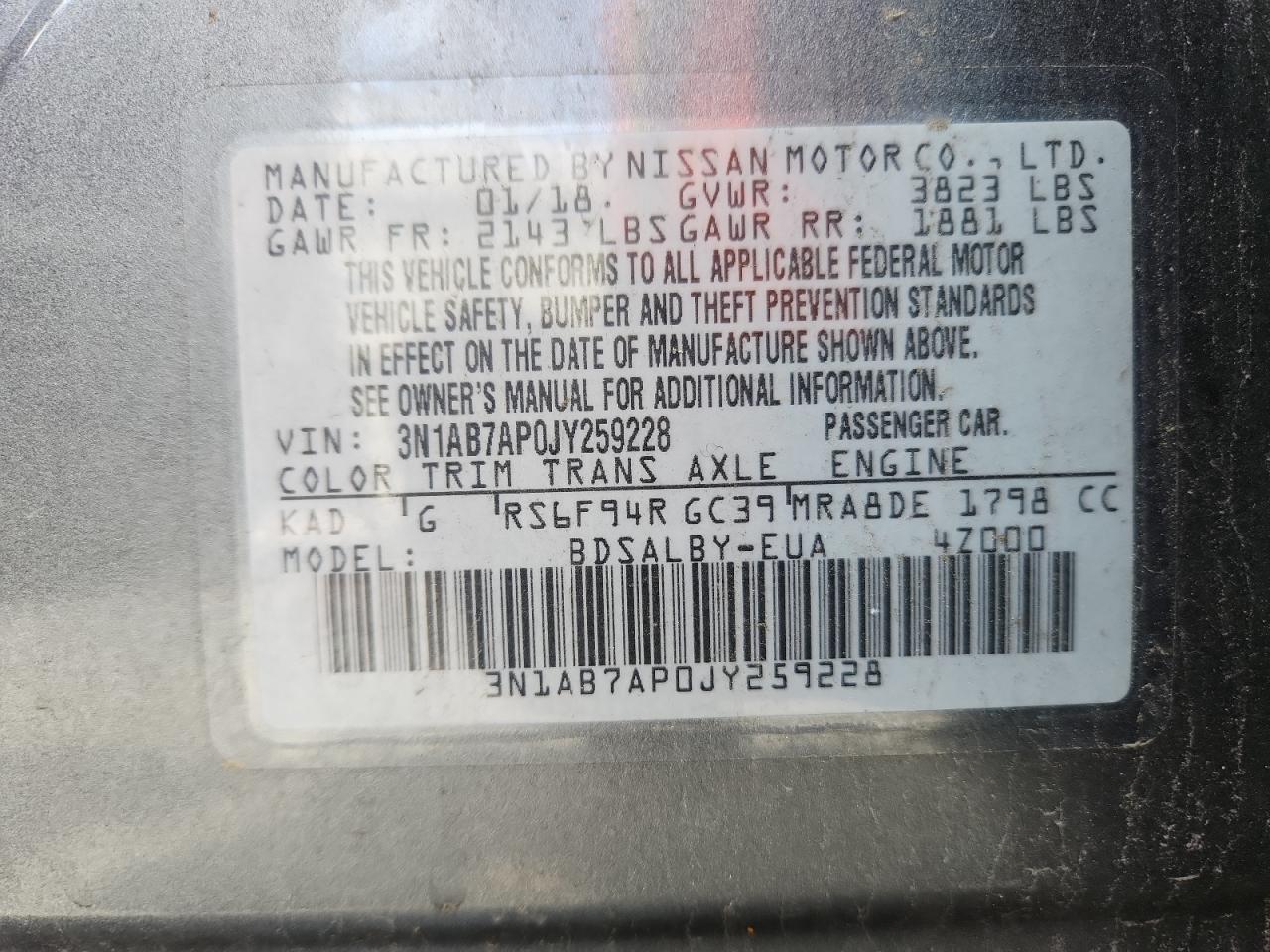 2018 Nissan Sentra S VIN: 3N1AB7AP0JY259228 Lot: 62755735