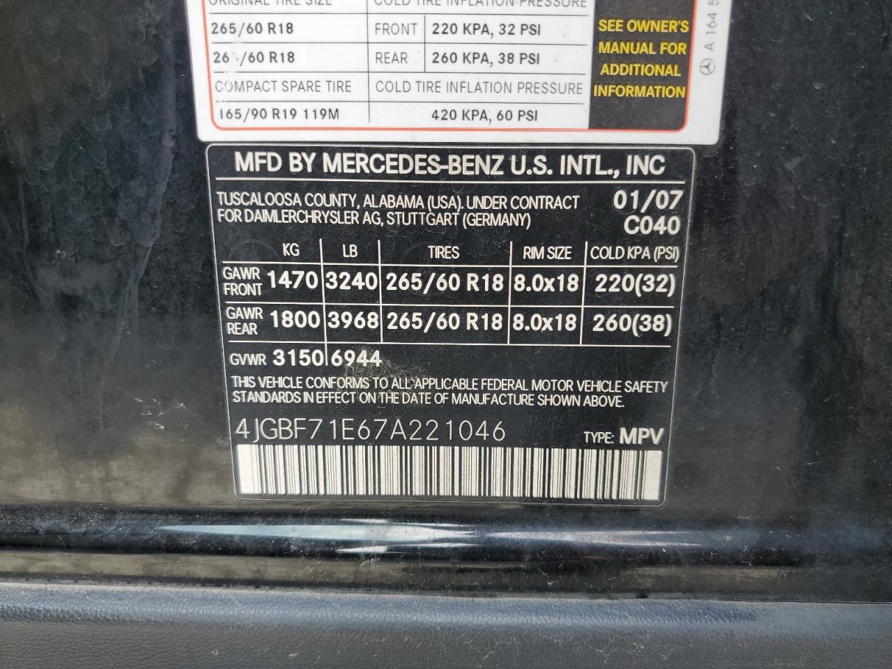 2007 Mercedes-Benz Gl 450 4Matic VIN: 4JGBF71E67A221046 Lot: 64189875