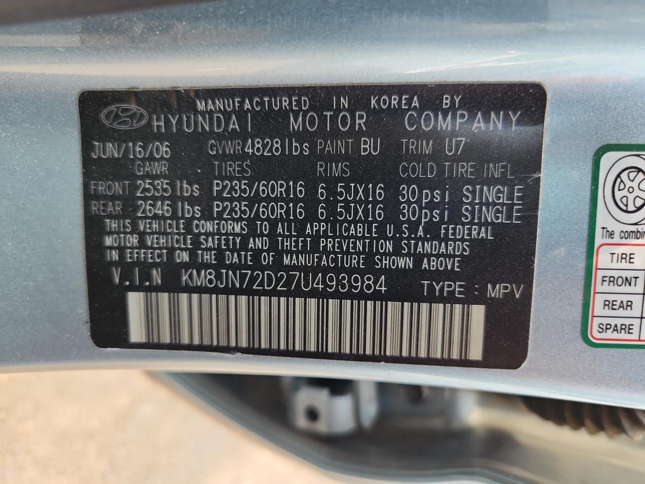 2007 Hyundai Tucson Se VIN: KM8JN72D27U493984 Lot: 65063975