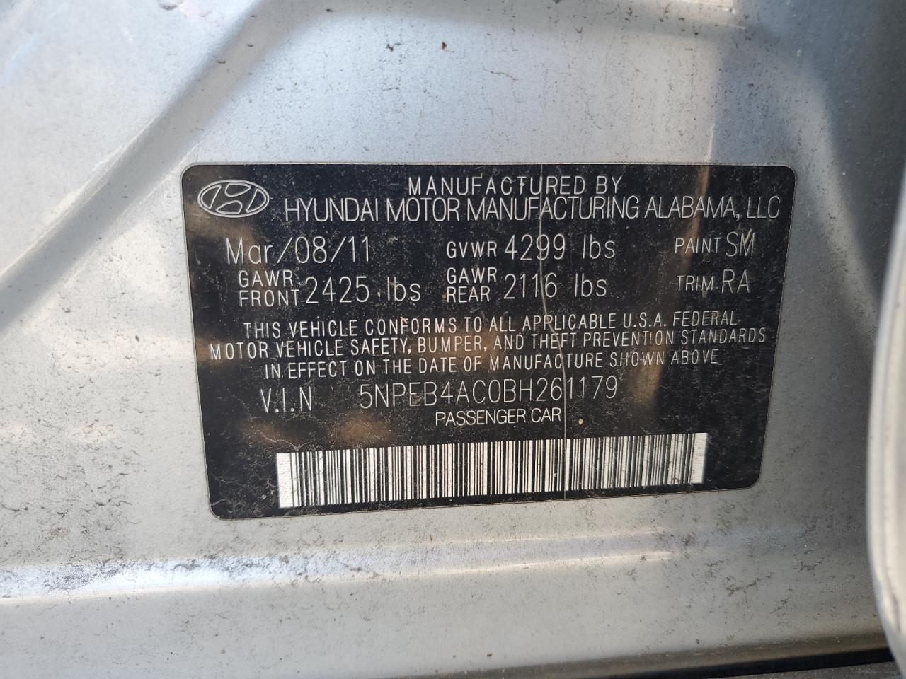 5npeb4ac0bh261179 5NPEB4AC0BH261179 2011 Hyundai Sonata Gls