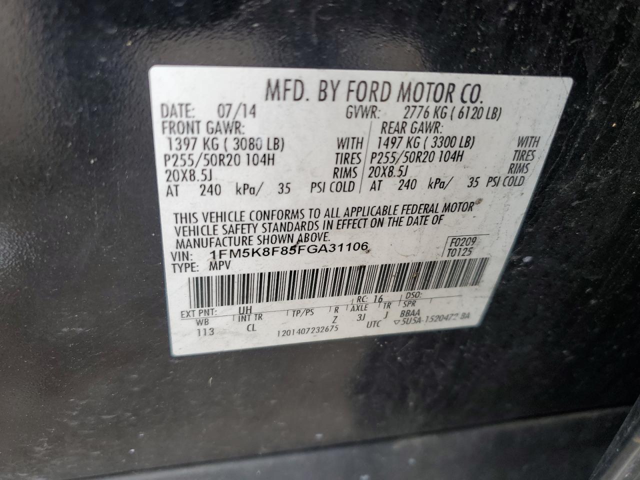 2015 Ford Explorer Limited VIN: 1FM5K8F85FGA31106 Lot: 65500915