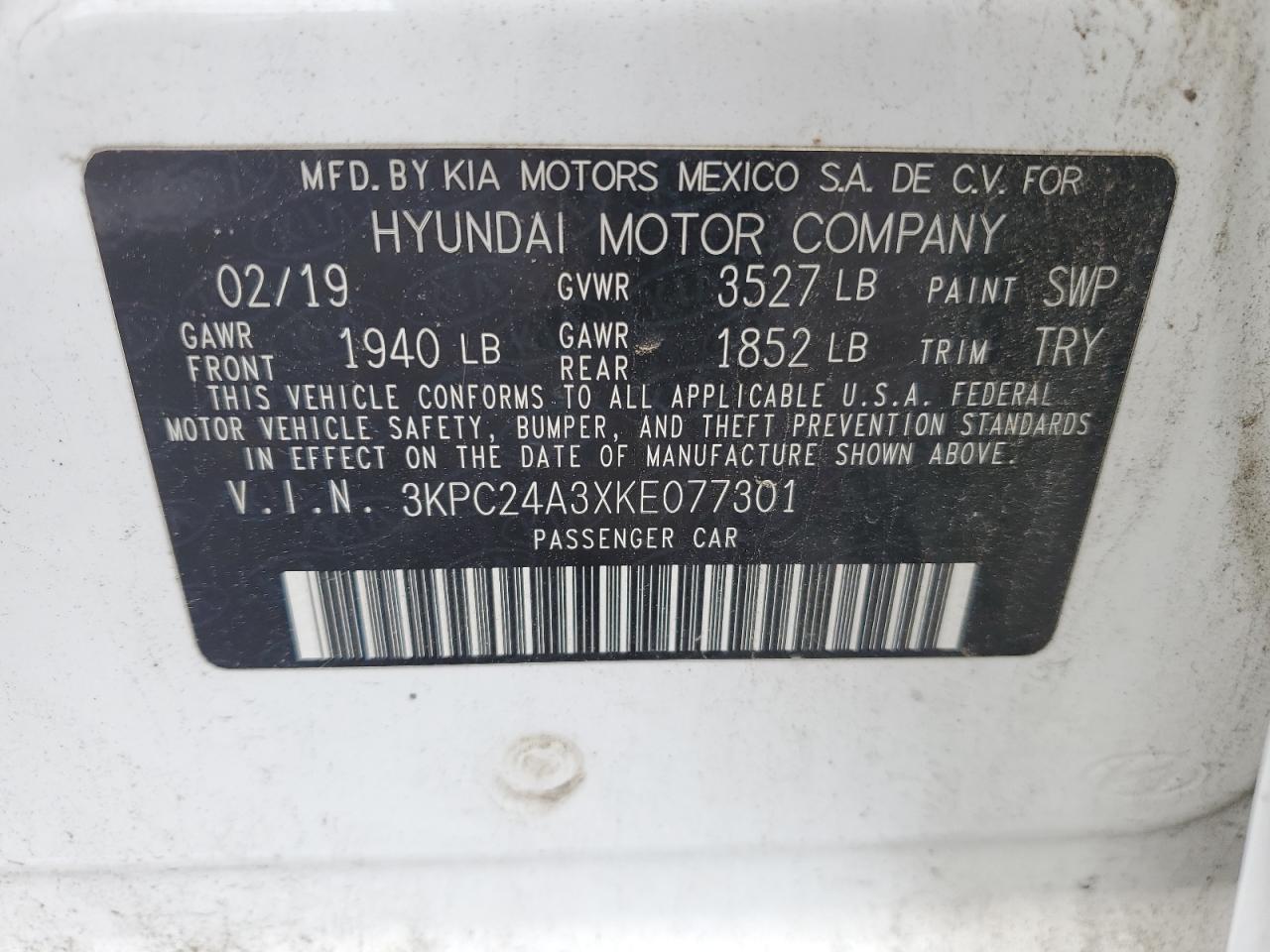 2019 Hyundai Accent Se VIN: 3KPC24A3XKE077301 Lot: 62744645