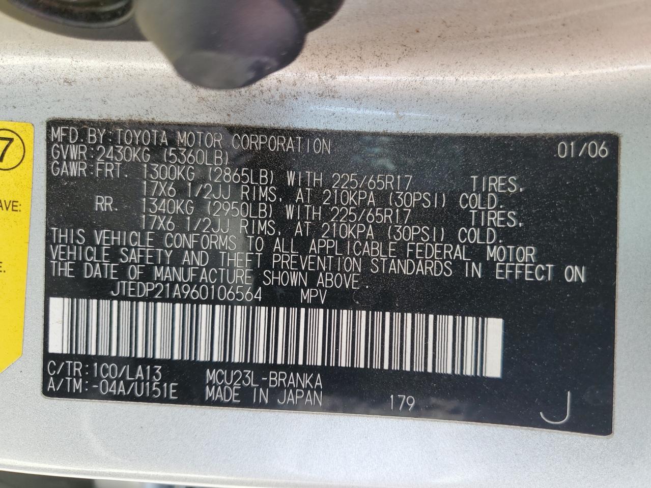 2006 Toyota Highlander Limited VIN: JTEDP21A960106564 Lot: 63978845