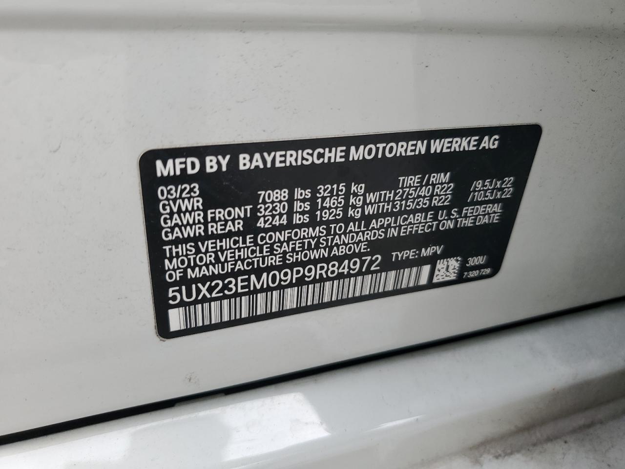 2023 BMW X7 xDrive40I VIN: 5UX23EM09P9R84972 Lot: 66893335