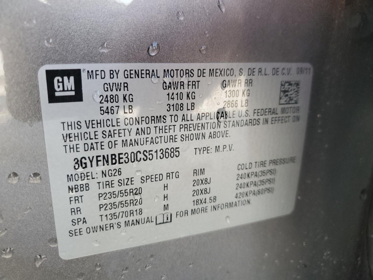 2012 Cadillac Srx Performance Collection VIN: 3GYFNBE30CS513685 Lot: 64520995