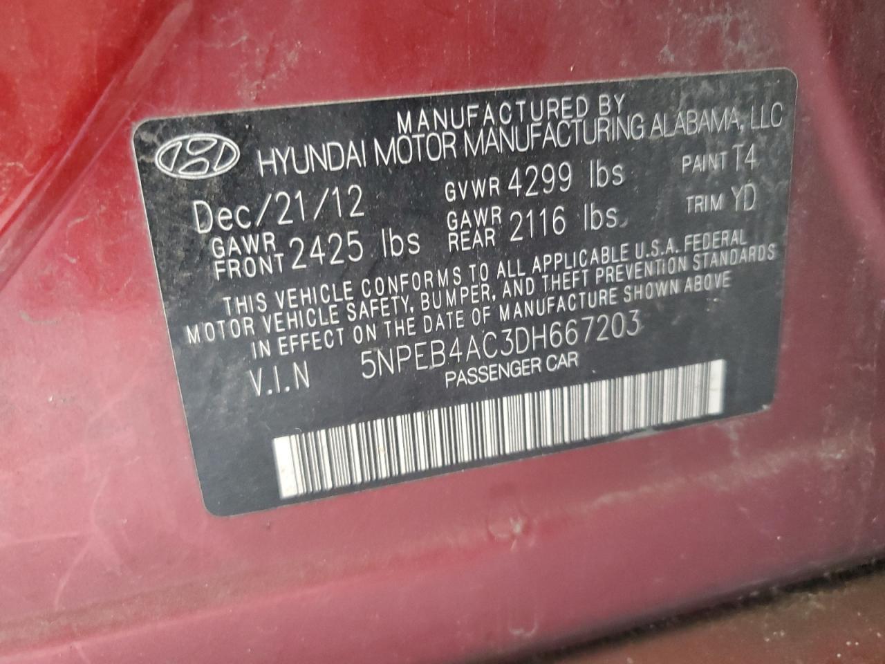 2013 Hyundai Sonata Gls VIN: 5NPEB4AC3DH667203 Lot: 63757855